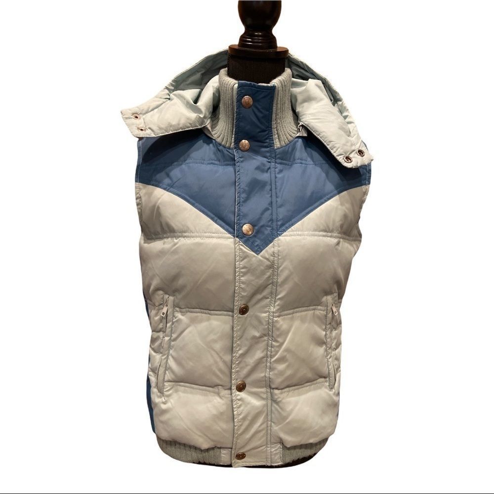 David Bitton Buffalo Blue Contrast Hooded Puffer Vest Tie Back Size Large